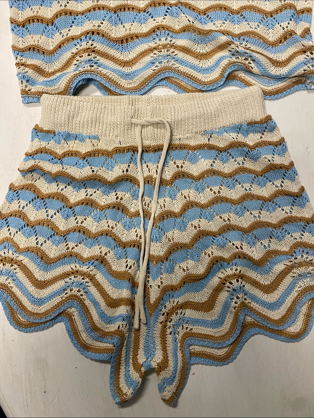 Cupshe Women’s Blue Tan & Cream Crochet Stripe Two-Piece Set - Picture 5 of 8